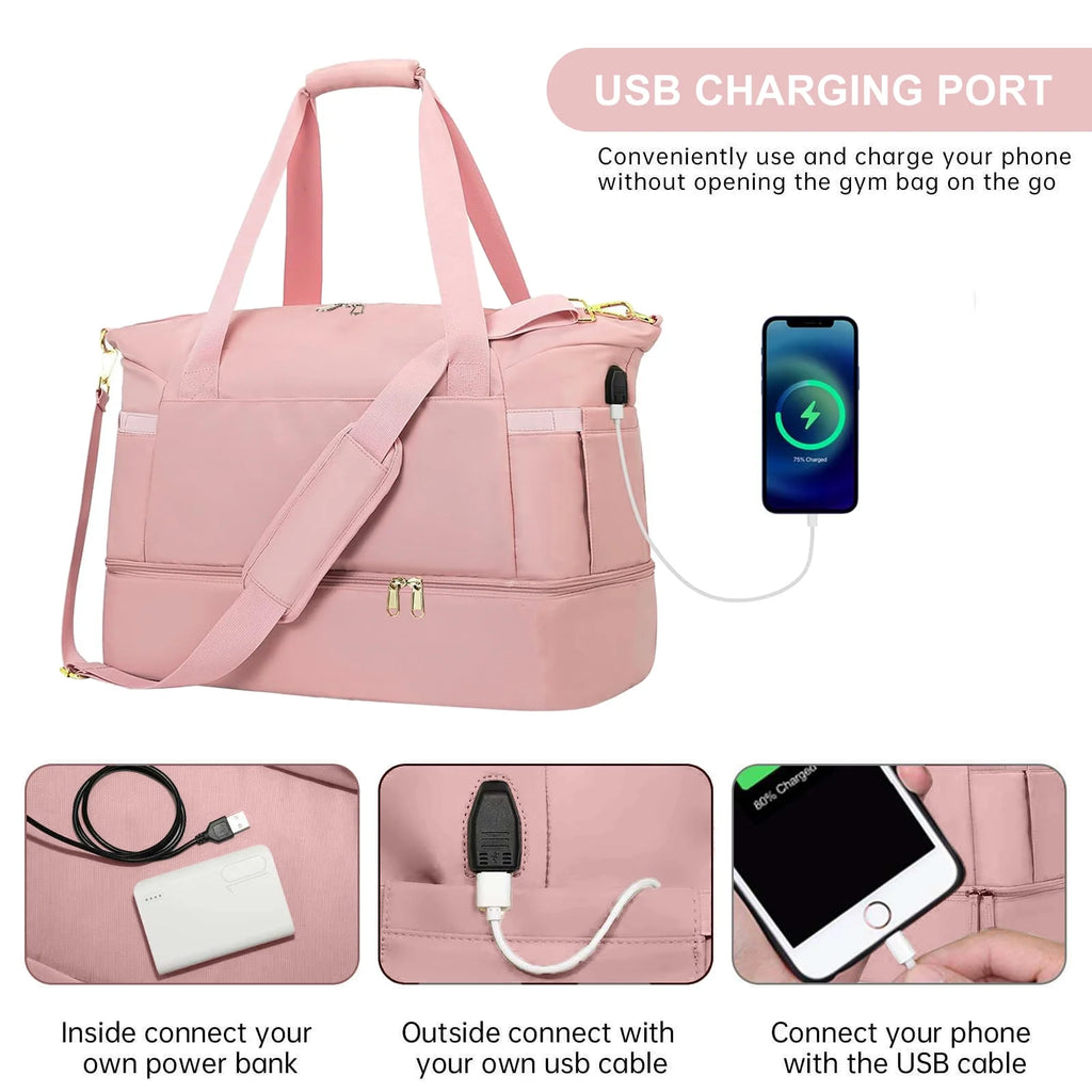 Travel Duffel Bag for Women Gym Bag with USB Charging Port Large Weekender Overnight Bag Yoga Duffle Bags with Wet Pocket and Shoes Compartment, Pink