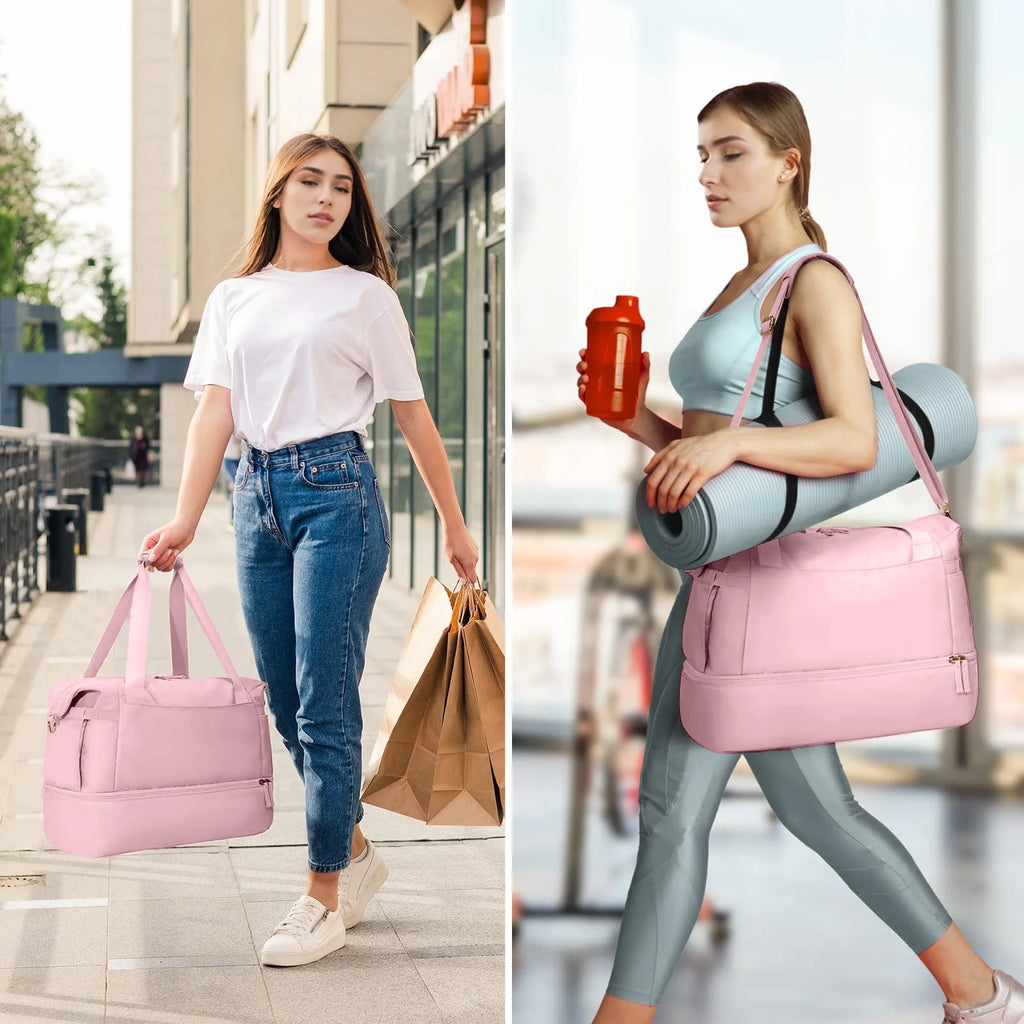 Travel Duffel Bag for Women Gym Bag with USB Charging Port Large Weekender Overnight Bag Yoga Duffle Bags with Wet Pocket and Shoes Compartment, Pink